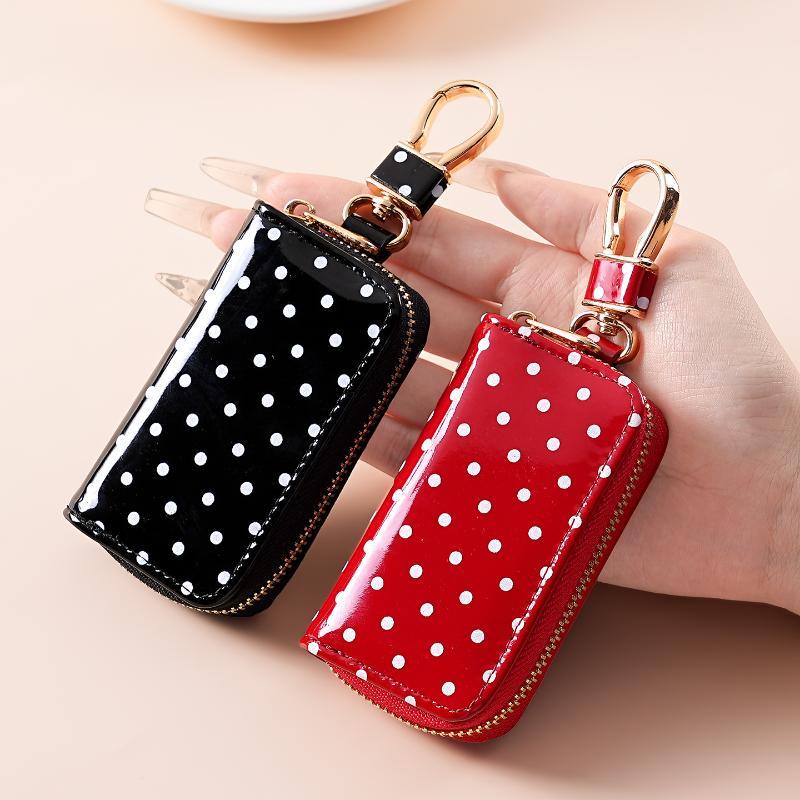 폴카 도트 광택 에나멜 가죽 키 파우치, 골드 지퍼,  - Men Accessories Store 리뷰 및 가격