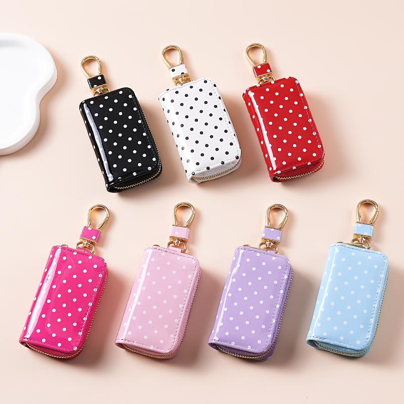 폴카 도트 광택 에나멜 가죽 키 파우치, 골드 지퍼,  - Men Accessories Store 리뷰 및 가격